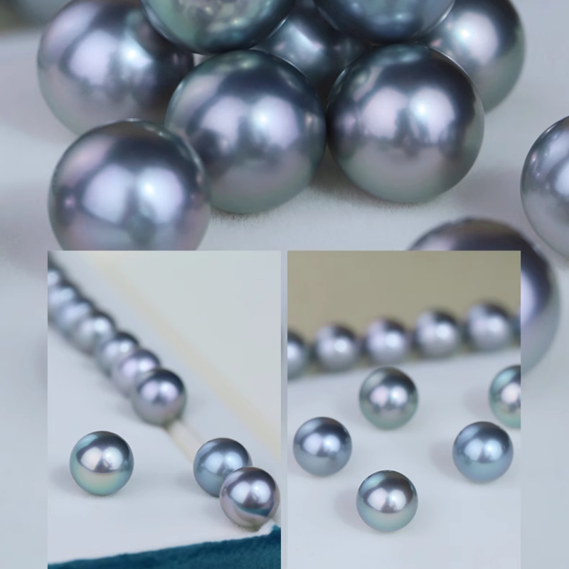 5A 9–14mm Matched Round Tahitian Pearl Pair, Platinum Grey Beads
