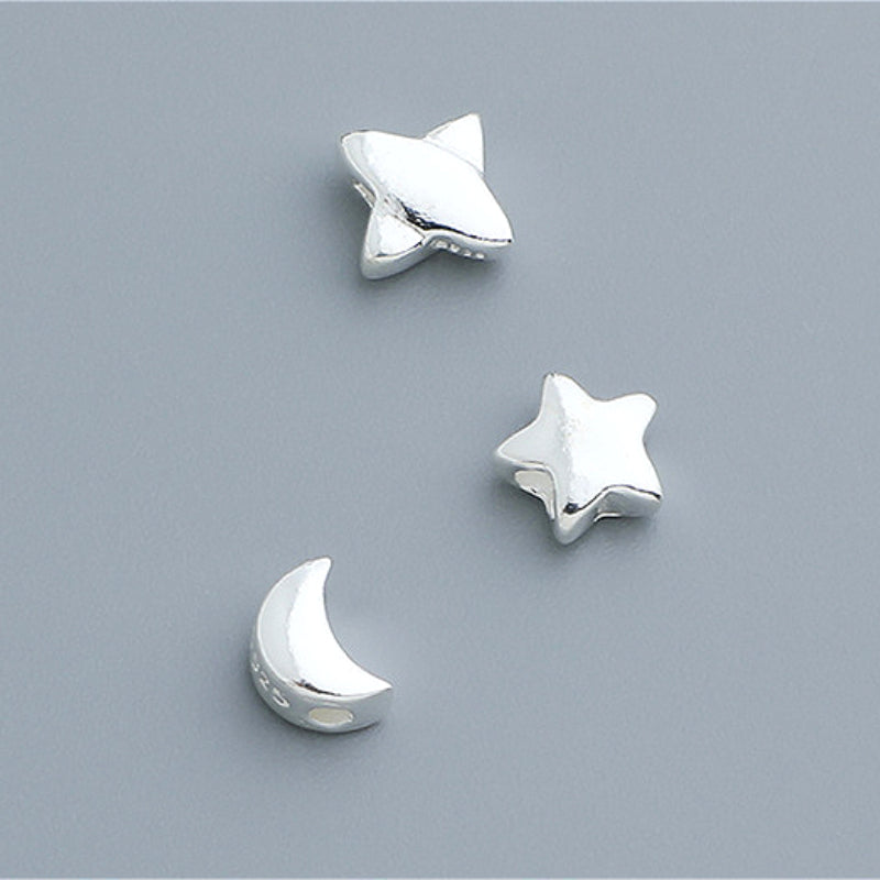 10pcs S925 Vegan Silver Star & Moon Spacer Beads - Glossy Geometric