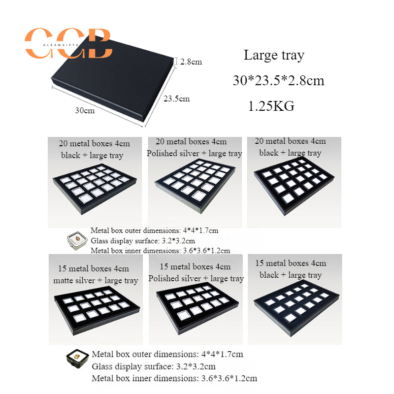 Square Metal Gemstone Display Tray with Glass Top Storage Boxes