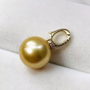 18K Gold 4A 9-14mm Golden South Sea Pearl Pendant Necklace, Round High Luster Pearl with Diamond Bail, Luxury Jewelry, Pearl Wholesale