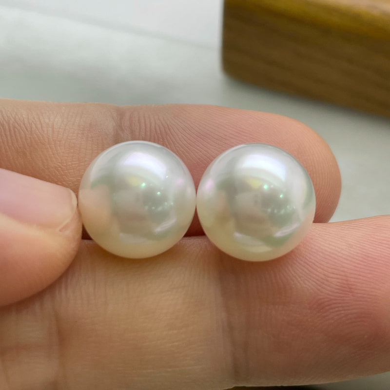 5A 12-13mm 2 pcs Australian South Sea White Pearl Pair, Natural Round Undrilled Loose Pearls for Custom Earrings, Super High Mirror Luster