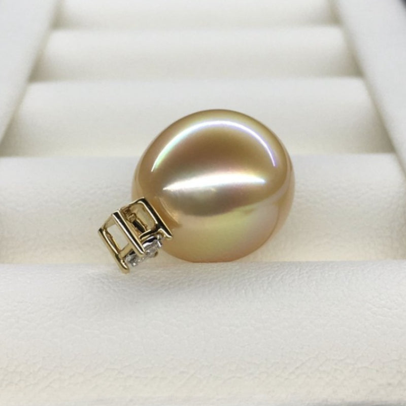 5A 13–14mm Oval Golden South Sea Pearl Pendant, 18K Gold Diamond Drop Setting, Teardrop Sea Pearl Diana Style, Custom Color Match