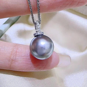 18K Gold 5A Platinum Grey Tahitian Pearl Pendant Necklace, Round High Luster Sea Pearl with Diamond Universal Bail, Pearl Wholesale