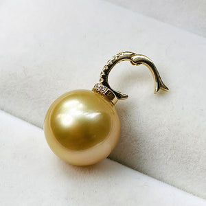18K Gold 4A 9-14mm Golden South Sea Pearl Pendant Necklace, Round High Luster Pearl with Diamond Bail, Luxury Jewelry, Pearl Wholesale