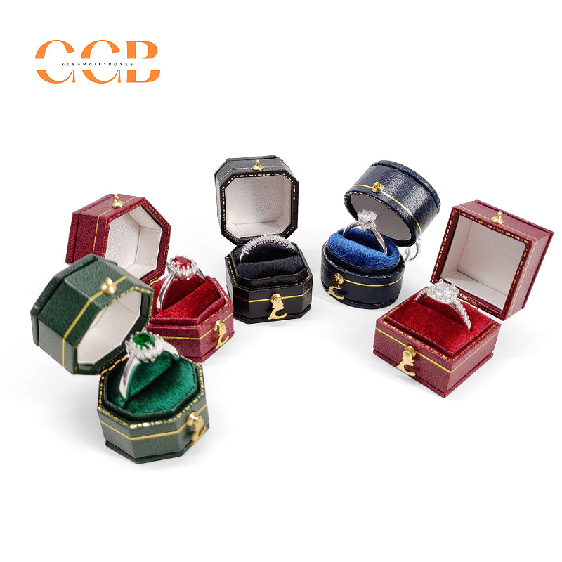 Octagon Vintage Velvet PU Leather Ring Box for Proposal or Wedding