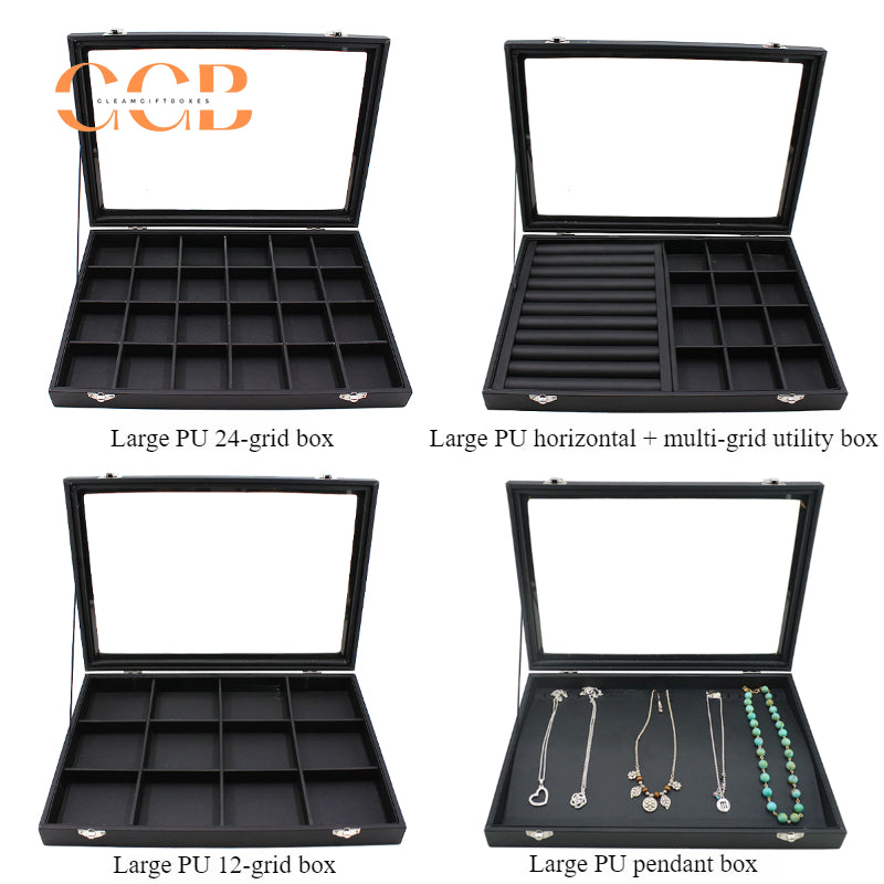 Black Leather Jewelry Display Box with Lid, Medium or Large Size