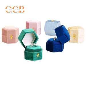 Hexagon Velvet Ring Box Green Wedding Proposal Ring Box