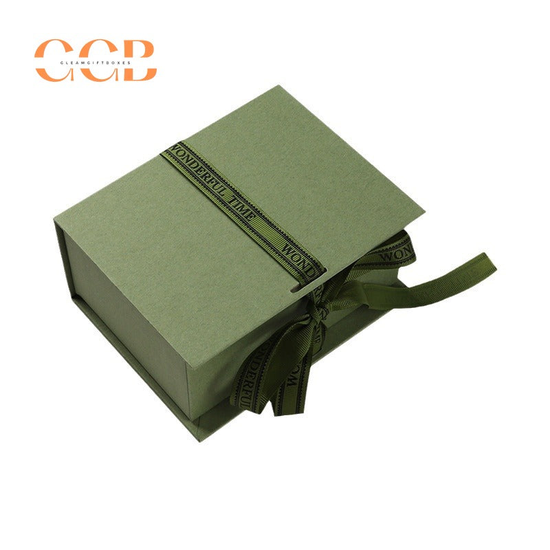 10pcs Luxury Olive Green Ribbon Gift Box | Custom Logo Flip-Lid Jewelry Packaging for Necklace, Ring & Bracelet