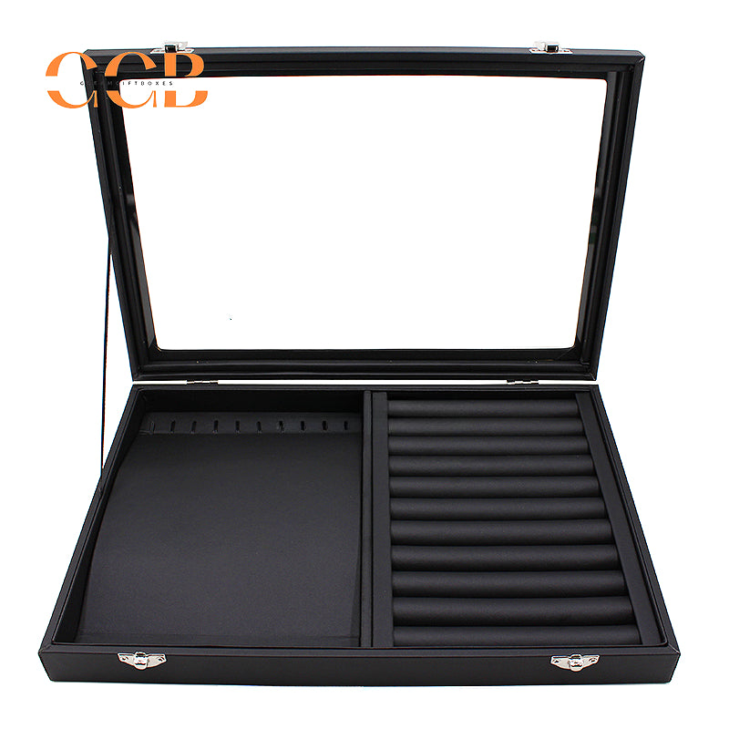 Black Leather Jewelry Display Box with Lid, Medium or Large Size