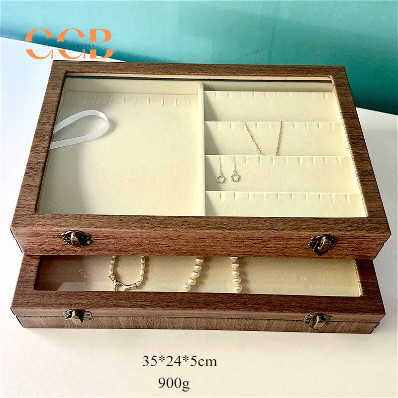 Large Wood Grain Jewelry Display Box with Glass Lid, Storage Tray