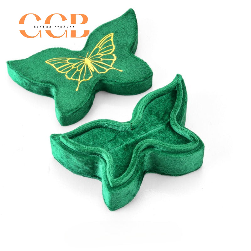 Butterfly Shaped Velvet Ring Box, Gold Foil Print Engagement Proposal Ring Holder, Unique Bridal Jewelry Box