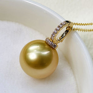 18K Gold 4A 9-14mm Golden South Sea Pearl Pendant Necklace, Round High Luster Pearl with Diamond Bail, Luxury Jewelry, Pearl Wholesale