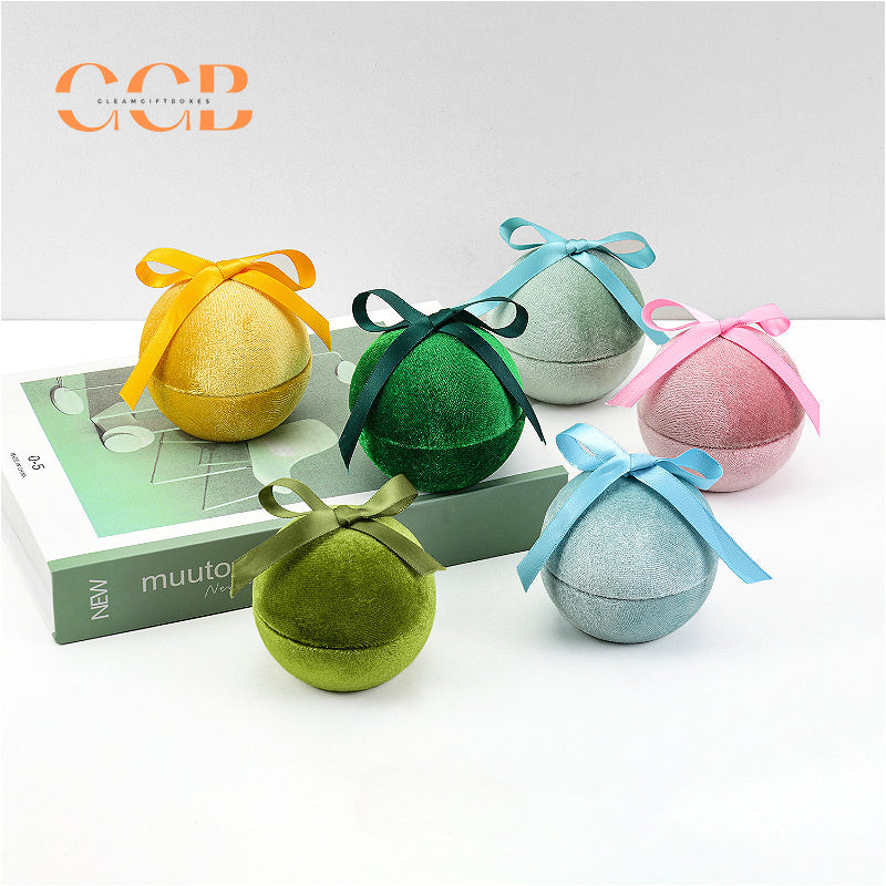 Round velvet jewelry ring box with ribbon single double triple slot gift packaging for wedding engagement proposal display custom logo