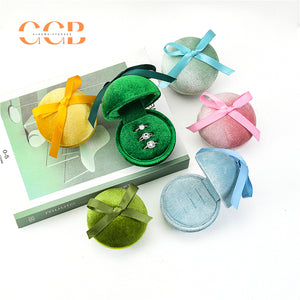 Round velvet jewelry ring box with ribbon single double triple slot gift packaging for wedding engagement proposal display custom logo