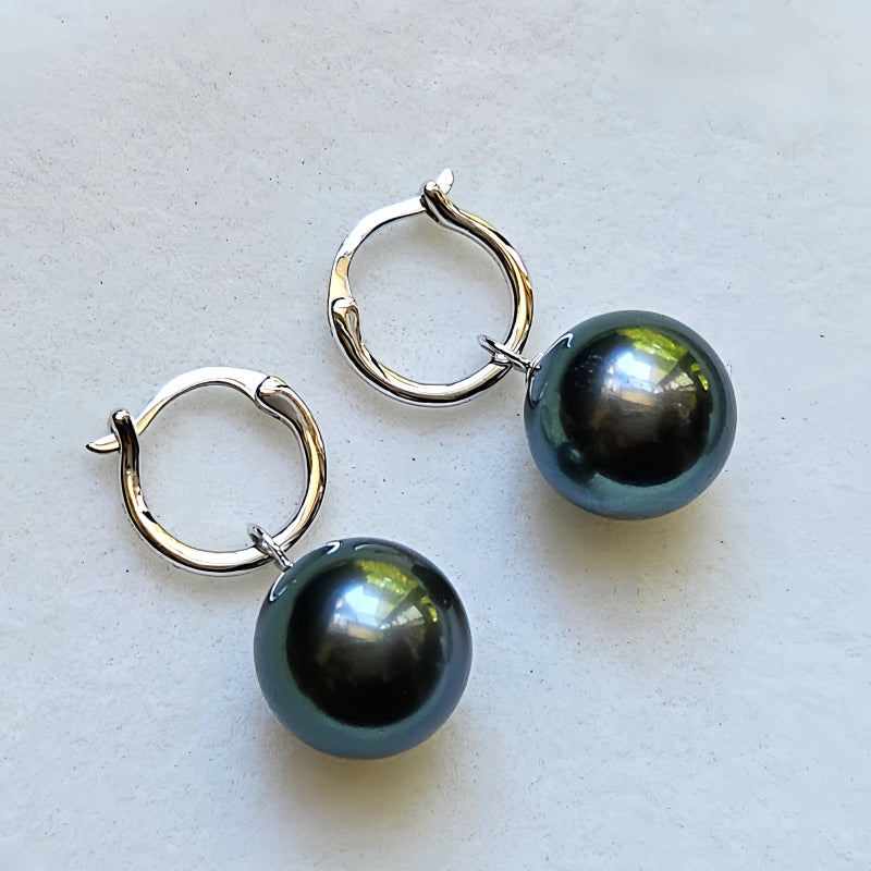 18K Gold 4A 8-11mm Tahitian Black Pearl Earrings, Round High Luster Peacock Green Sea Pearls, Convertible Ear Clips, Pearl Wholesale