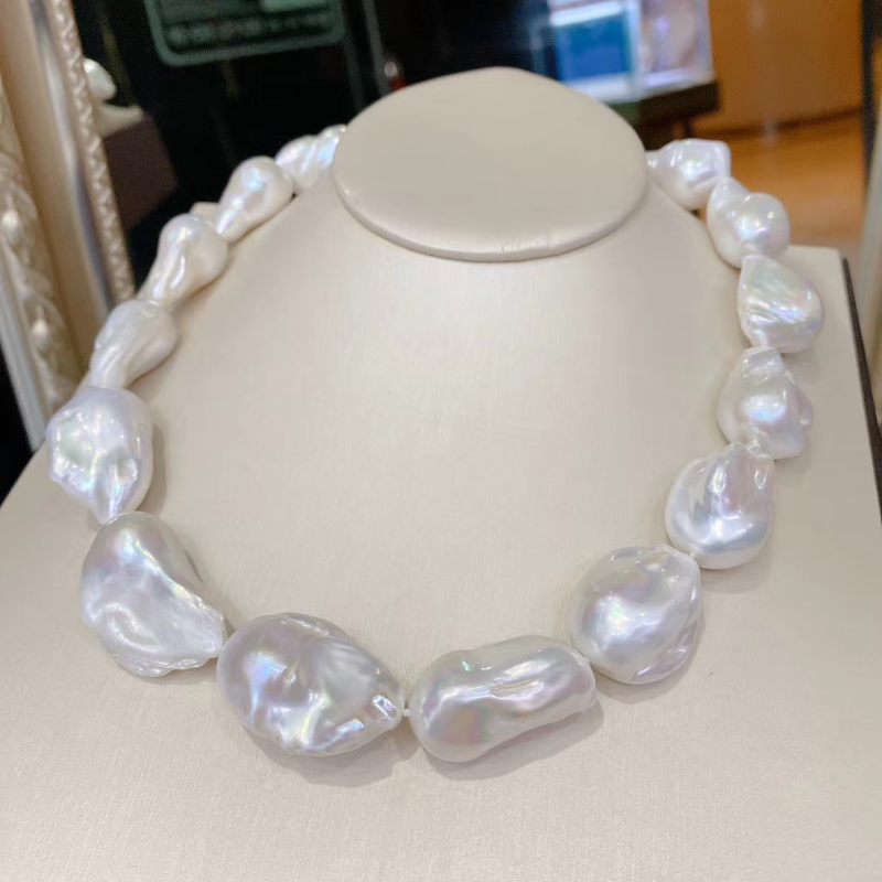 5A 17-27mm Large Baroque Pearl Necklace 40cm, Natural White Iridescent Freshwater Pearls with 18K Gold Clasp, Pearl Wholesale