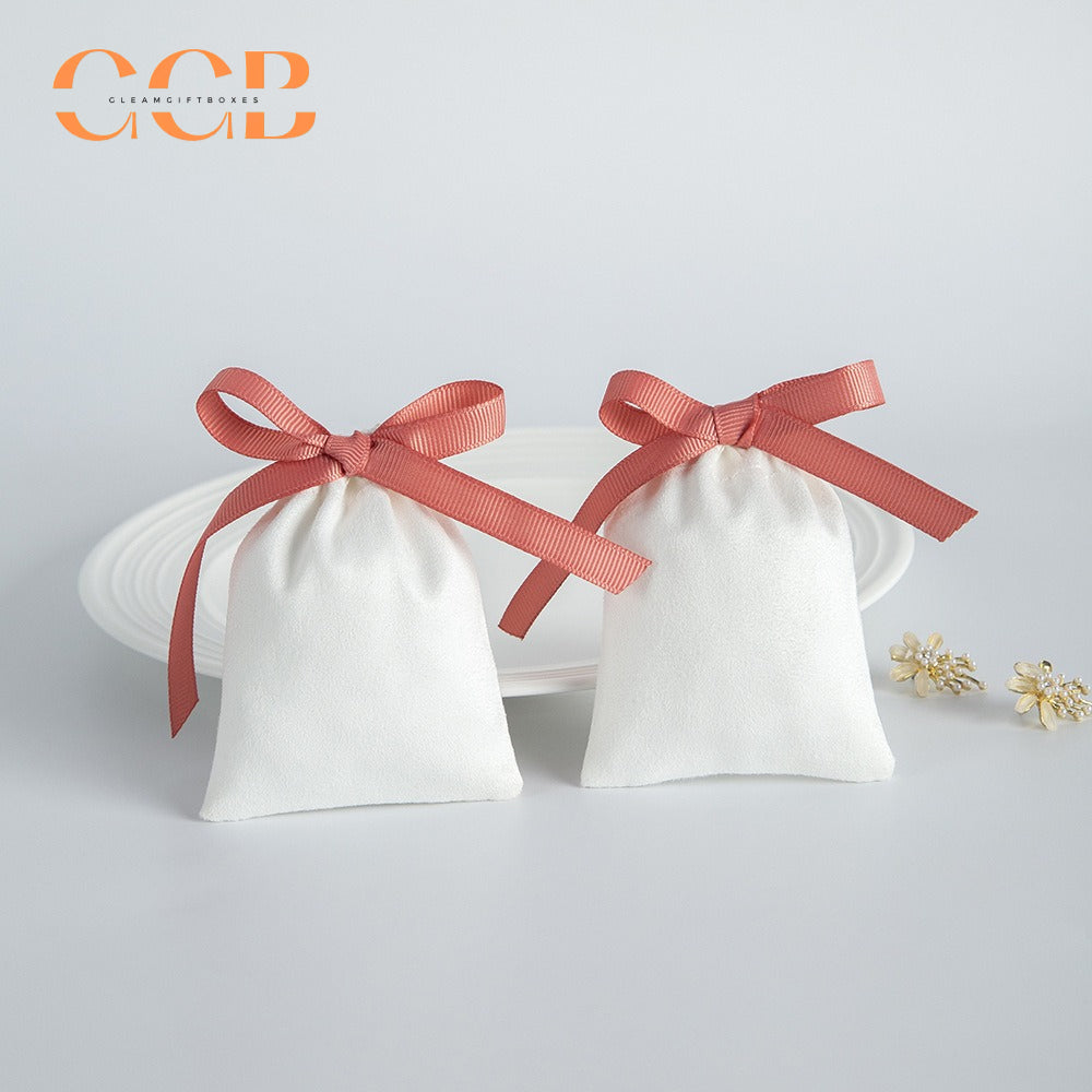 20pcs white jewelry pouch with pink bow, luxury drawstring gift bags for rings earrings necklaces, elegant jewelry packaging set