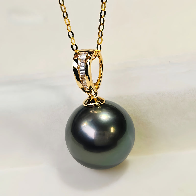 18K Gold 3A 8-13mm Tahitian Black Pearl Pendant Necklace, Round High Luster Sea Pearl with Diamond Bail, Luxury Jewelry, Pearl Wholesale