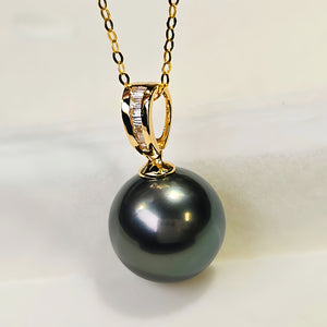 18K Gold 3A 8-13mm Tahitian Black Pearl Pendant Necklace, Round High Luster Sea Pearl with Diamond Bail, Luxury Jewelry, Pearl Wholesale