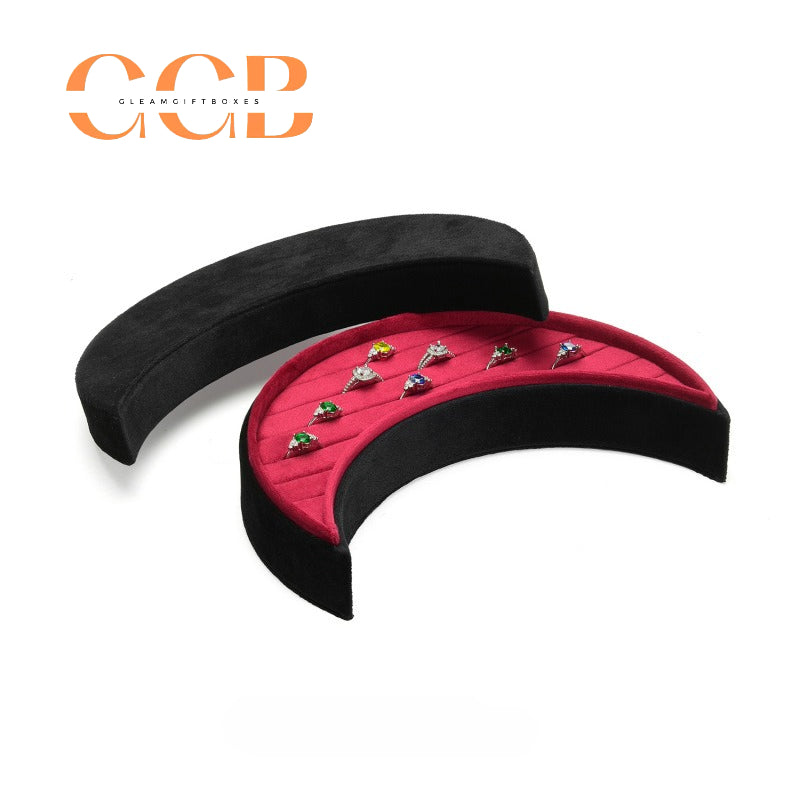 Crescent Moon-Shaped Velvet Ring Box, Black Exterior with Red Quilted Lining, Unique Holder for Engagement & Wedding Rings, Gothic & Celestial Themed
