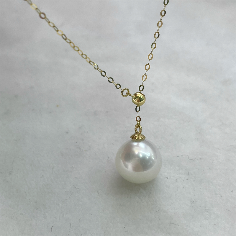 4A 10–11mm Australian White South Sea Pearl Pendant Necklace, Near Round High Luster Cold White Flawless Pearl, 18K Gold Adjustable Y Chain