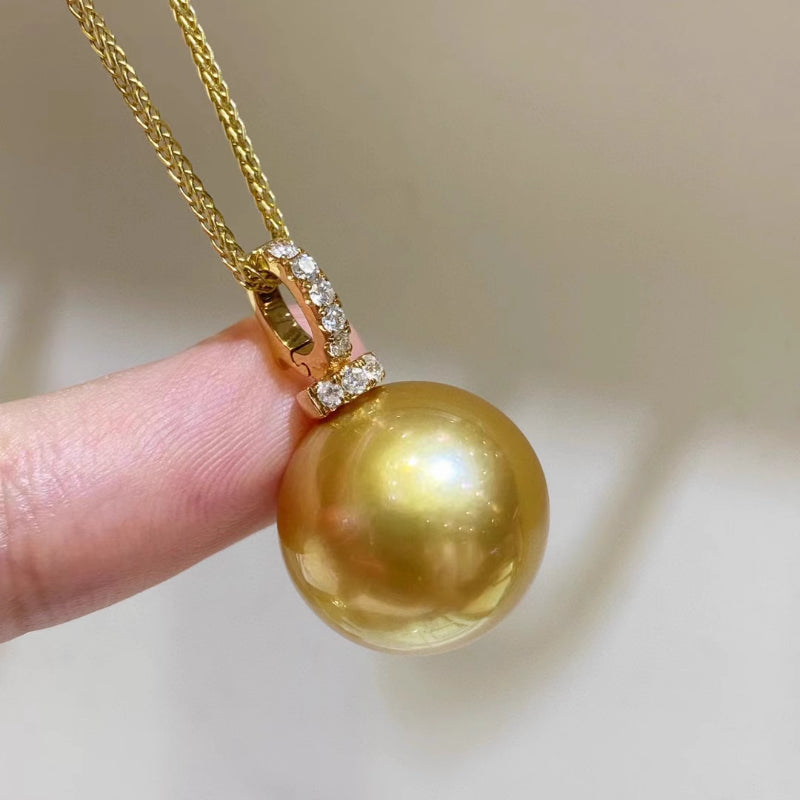 South Sea Gold Pearl Pendant, Deep Golden Round Pearl with 18K Bail