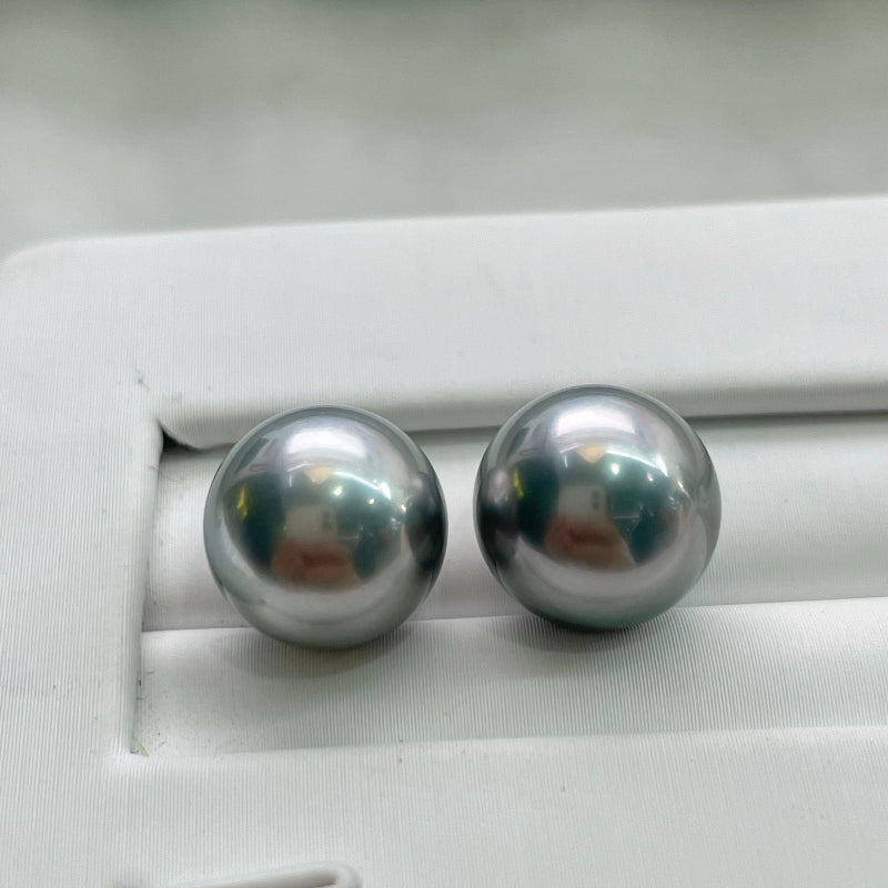 5A 9–14mm Matched Round Tahitian Pearl Pair, Platinum Grey Beads