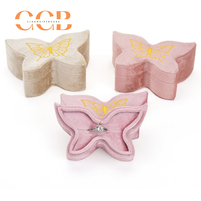 Butterfly Shaped Velvet Ring Box, Gold Foil Print Engagement Proposal Ring Holder, Unique Bridal Jewelry Box