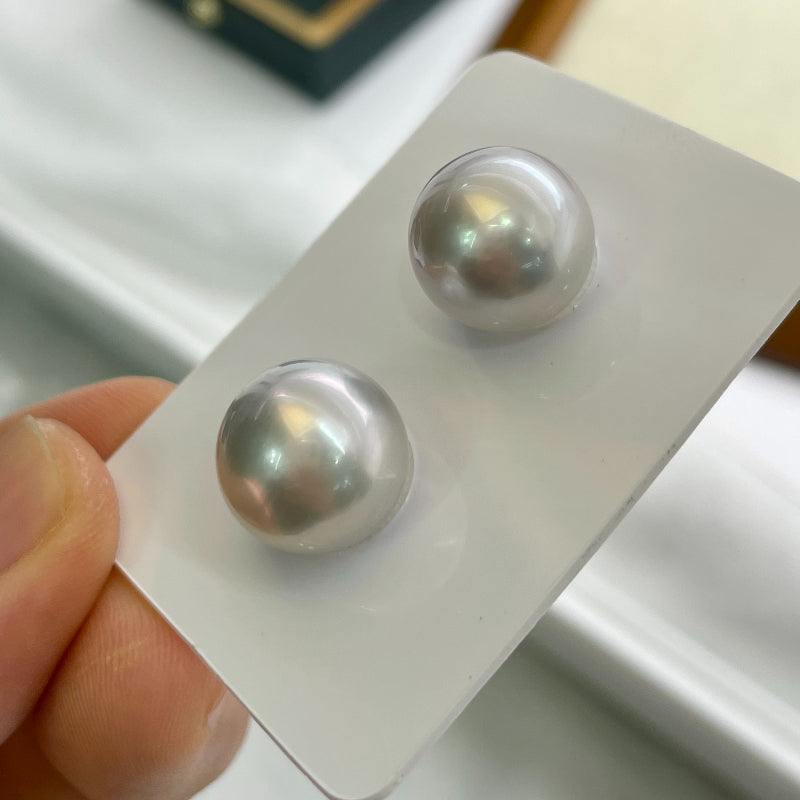 4A 12-13mm Round Australian South Sea Pearl Pair, Natural Gray White Sea Pearls with Strong Luster Slight Blemish for Earrings Jewelry