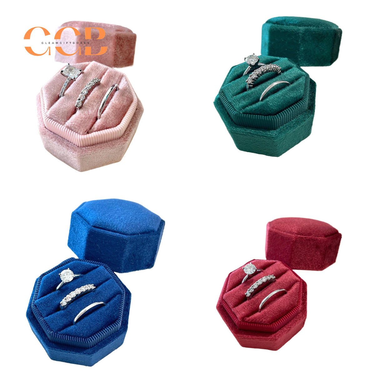 Velvet octagonal three ring box for wedding