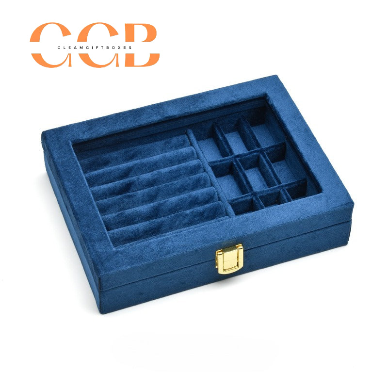 Lockable Clear-Lid Velvet Ring Display Box, Lockable Jewelry Organizer for Rings, Earrings & Studs, Vanity & Retail Display
