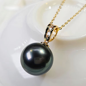 18K Gold 3A 8-13mm Tahitian Black Pearl Pendant Necklace, Round High Luster Sea Pearl with Diamond Bail, Luxury Jewelry, Pearl Wholesale