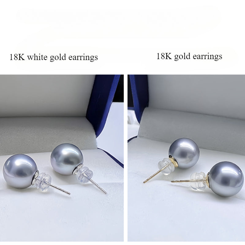 5A 8–12mm Round Tahitian Pearl Stud Earrings, Natural Platinum Grey Sea Pearls in 18K Gold, Strong Luster Elegant Basic Style Jewelry