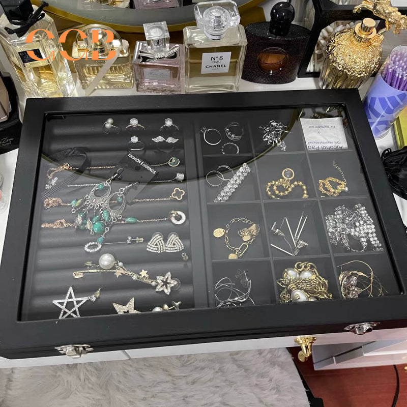 Black Leather Jewelry Display Box with Lid, Medium or Large Size