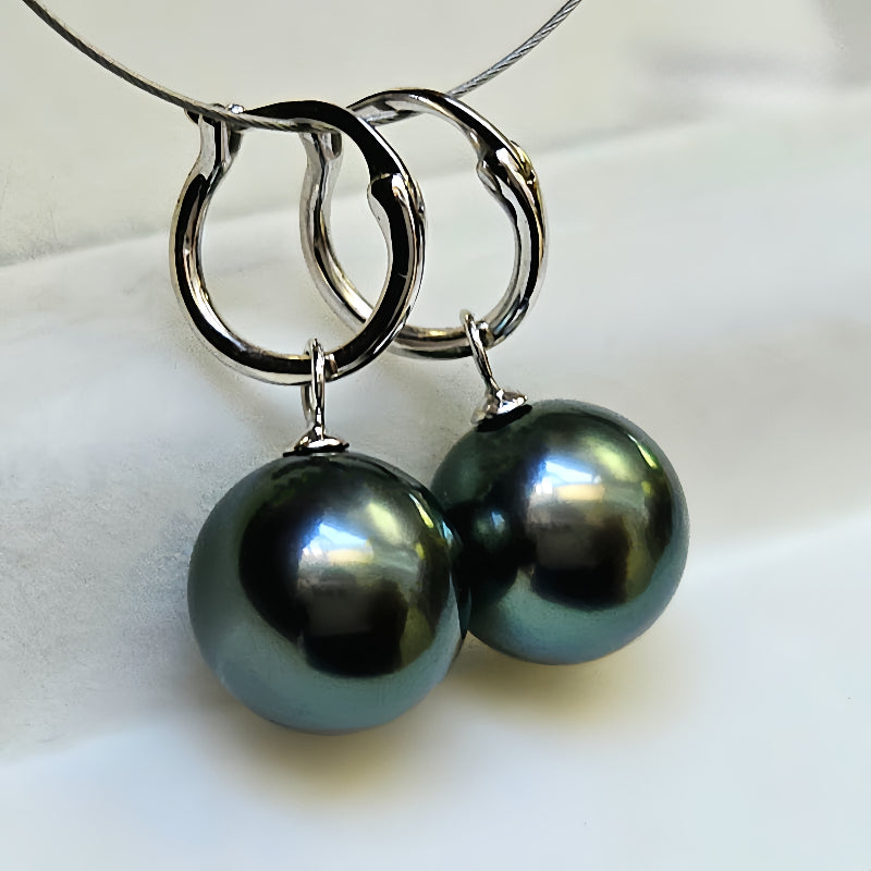 18K Gold 4A 8-11mm Tahitian Black Pearl Earrings, Round High Luster Peacock Green Sea Pearls, Convertible Ear Clips, Pearl Wholesale