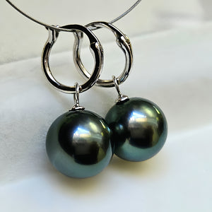 18K Gold 4A 8-11mm Tahitian Black Pearl Earrings, Round High Luster Peacock Green Sea Pearls, Convertible Ear Clips, Pearl Wholesale