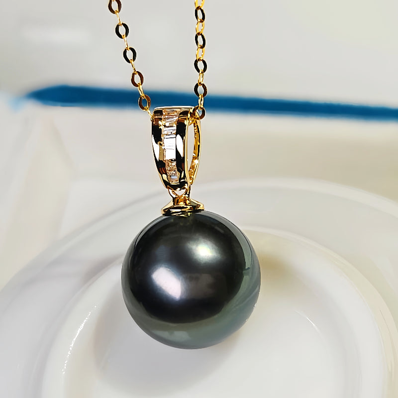 18K Gold 3A 8-13mm Tahitian Black Pearl Pendant Necklace, Round High Luster Sea Pearl with Diamond Bail, Luxury Jewelry, Pearl Wholesale