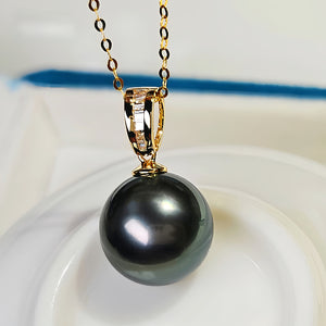 18K Gold 3A 8-13mm Tahitian Black Pearl Pendant Necklace, Round High Luster Sea Pearl with Diamond Bail, Luxury Jewelry, Pearl Wholesale
