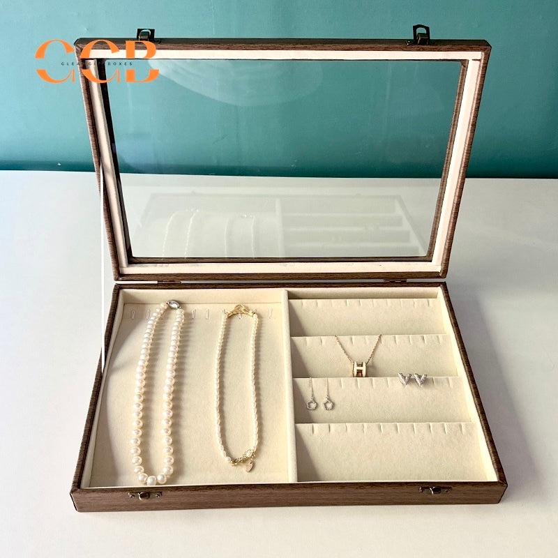 Large Wood Grain Jewelry Display Box with Glass Lid, Storage Tray