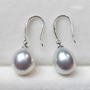 5A 8-13mm Australian White South Sea Pearl Earrings, Drop Shape High Luster Pearls with 18K White Gold Hooks, Luxury Pearl Wholesale