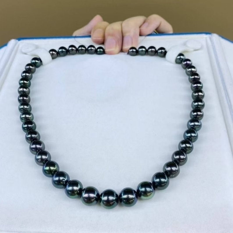 3A 8-11mm Tahitian Pearl Necklace, Natural Black Peacock Green Saltwater Pearls with Aurora Strong Luster, Near Round Strand Jewelry