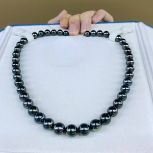 3A 8-11mm Tahitian Pearl Necklace, Natural Black Peacock Green Saltwater Pearls with Aurora Strong Luster, Near Round Strand Jewelry