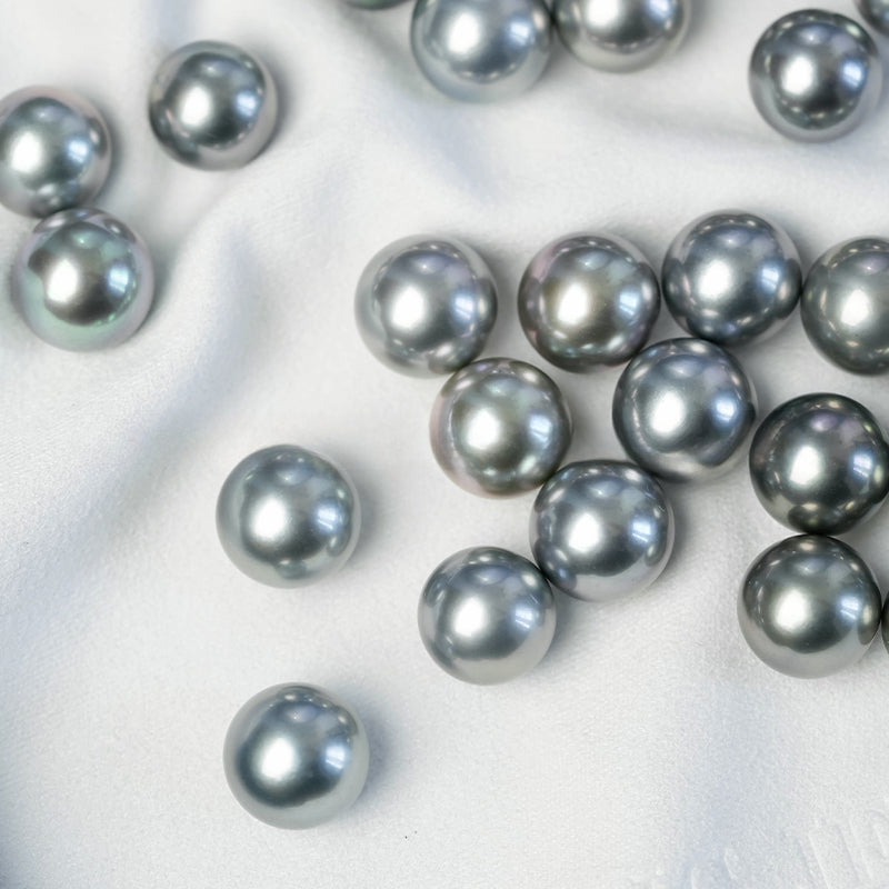 4A 9–14mm Matched Round Tahitian Pearl Pair, Platinum Grey Mirror Luster Sea Pearls, Natural Undrilled Beads for Earrings or Pendant