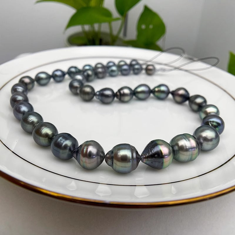 3A 8-11mm Tahitian Baroque Pearl Strand 40cm, Natural Black Saltwater Pearls with Peacock Overtones, Good Luster for Jewelry Making