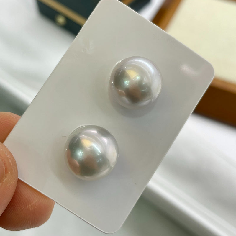 4A 12-13mm Round Australian South Sea Pearl Pair, Natural Gray White Sea Pearls with Strong Luster Slight Blemish for Earrings Jewelry