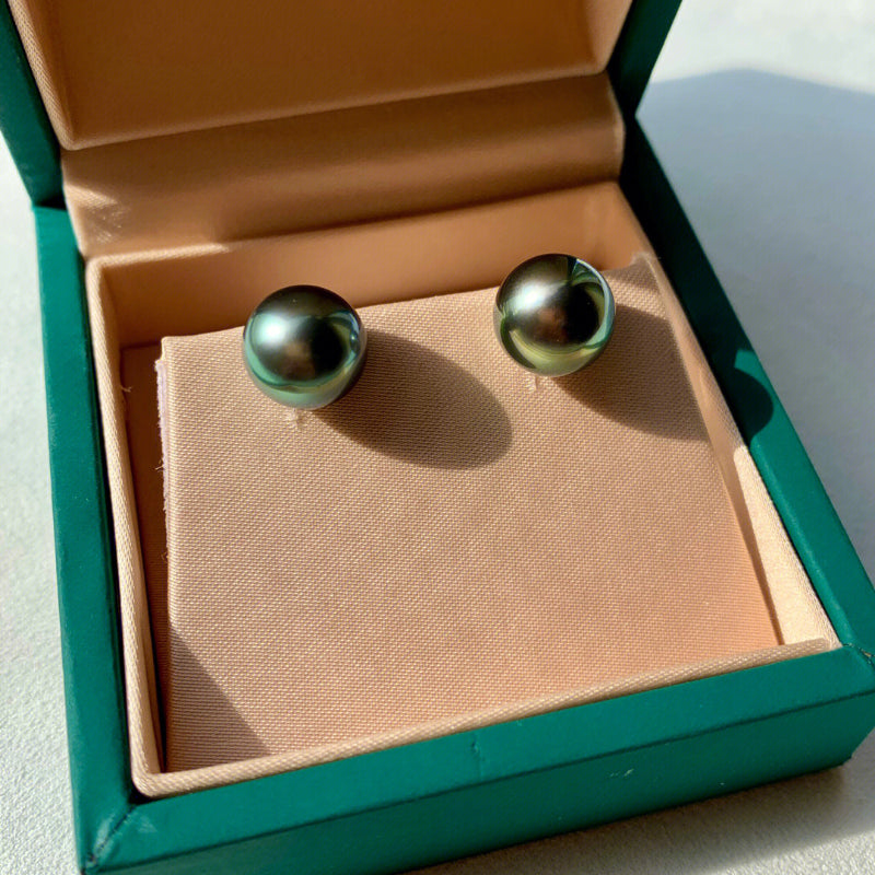 4A 8-14mm Nearly Flawless Tahitian Black Pearl Earrings Custom in 18K Yellow or White Gold Natural Round Seawater Peacock Green Pearl