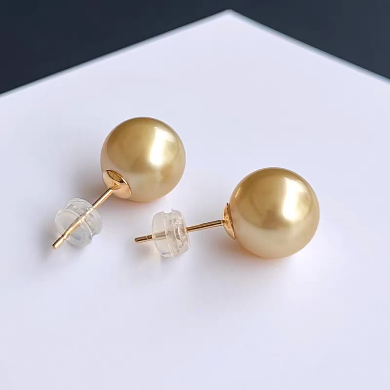 5A 8–15mm Golden South Sea Pearl Stud Earrings in 18K Gold Setting