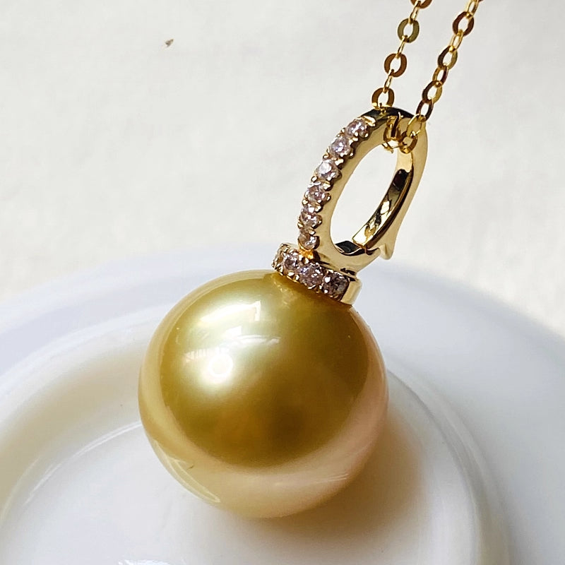 18K Gold 4A 9-14mm Golden South Sea Pearl Pendant Necklace, Round High Luster Pearl with Diamond Bail, Luxury Jewelry, Pearl Wholesale