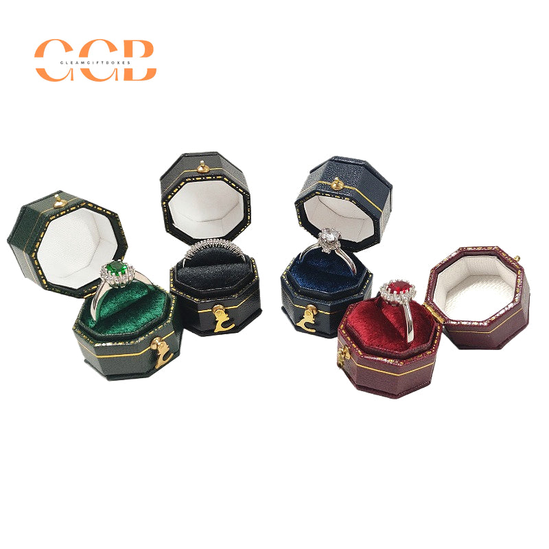 Octagon Vintage Velvet PU Leather Ring Box for Proposal or Wedding