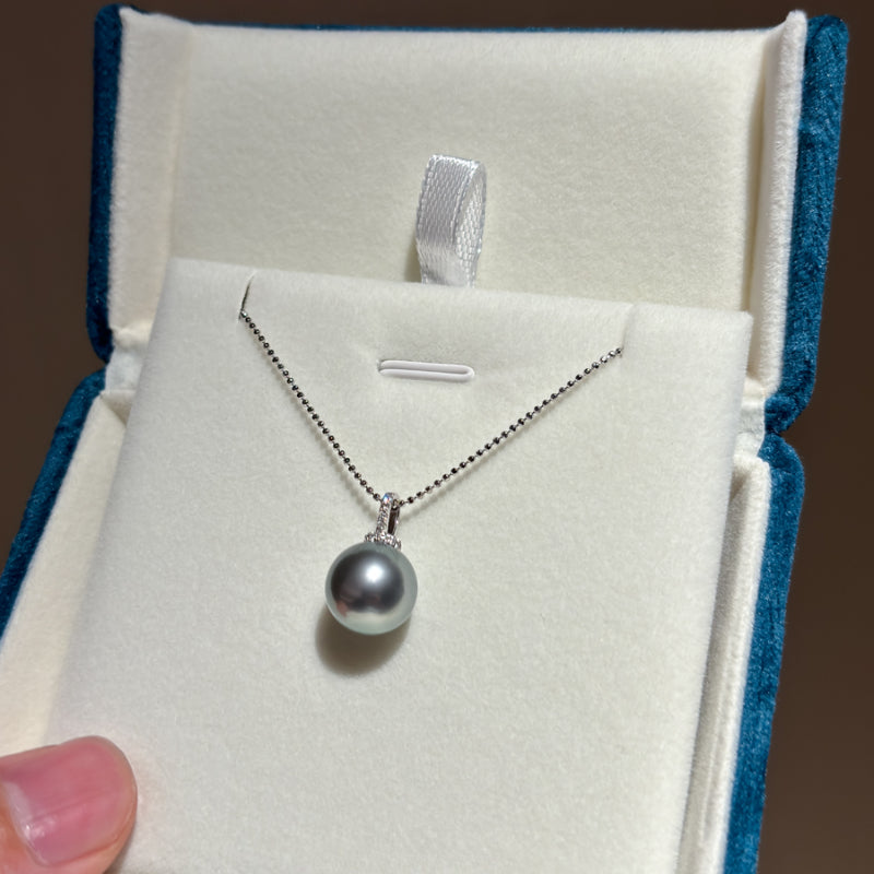 4A 9–13mm Platinum Grey Tahitian Pearl Pendant Necklace, Natural Round Sea Pearl on 45cm Adjustable 925 Silver Chain, Elegant Jewelry